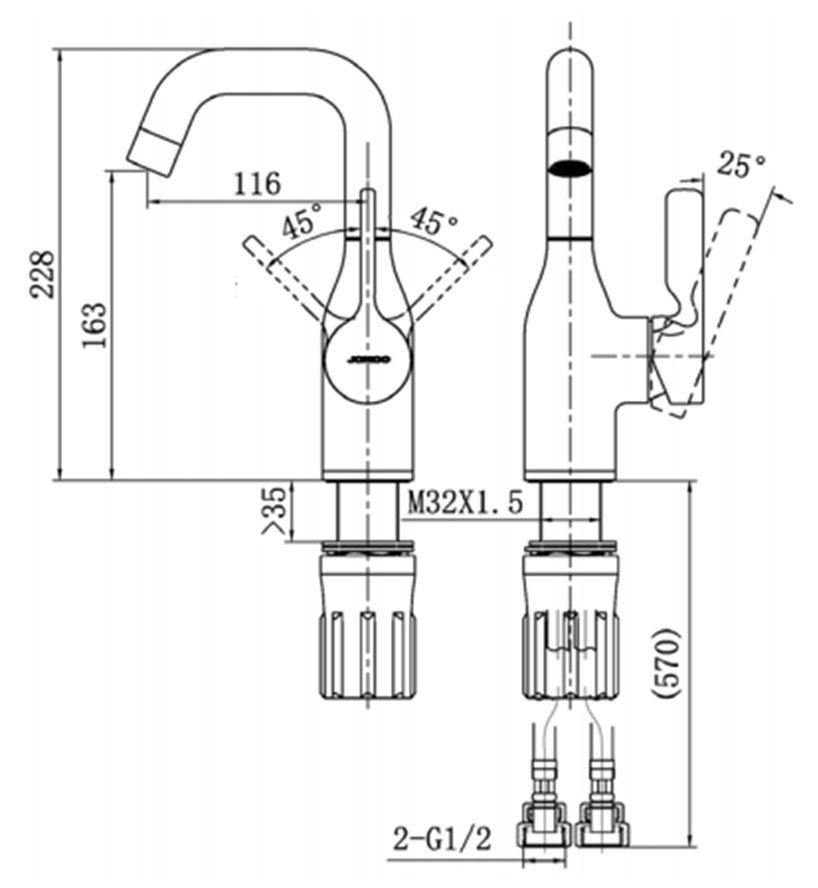 Bản vẽ kích thước vòi chậu JOMOO 32261-123/HBS-Z