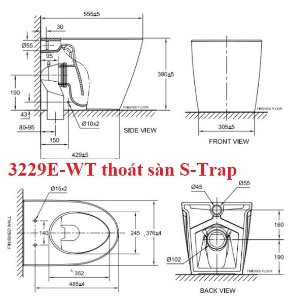 Bản vẽ bàn cầu American Standard 3229E WT đặt sàn thoát sàn