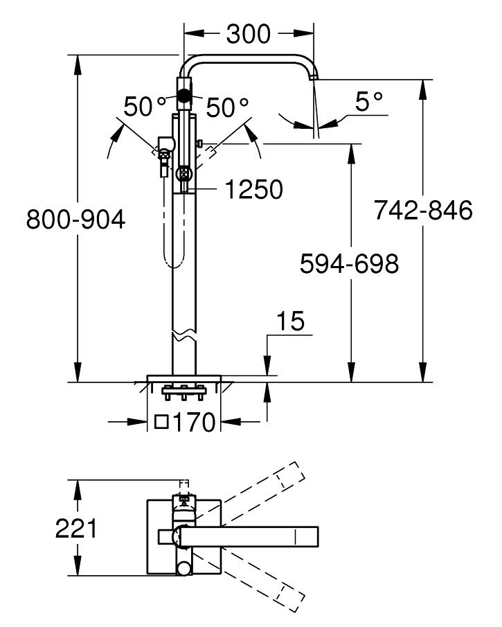 Bản vẽ vòi sen xả bồn Grohe 32754002 Allure đặt sàn