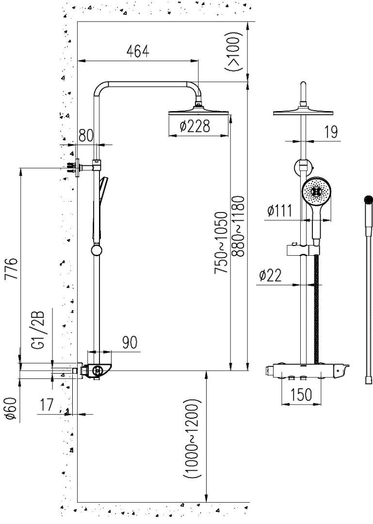 Bản vẽ kích thước cây sen tắm 364734631BI011 Jomoo