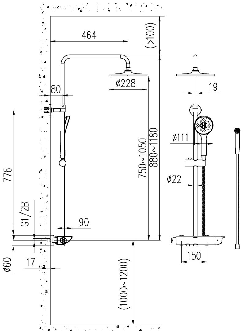 Bản vẽ kích thước cây sen tắm 36473463HBSI011 Jomoo 