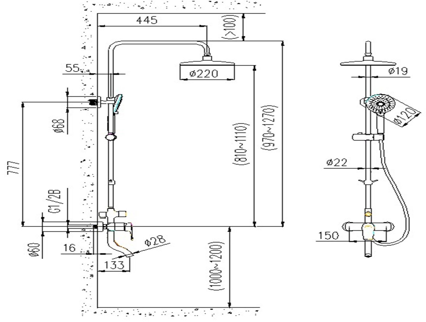 Bản vẽ kích thước cây sen tắm 36631576/1BI011 Jomoo