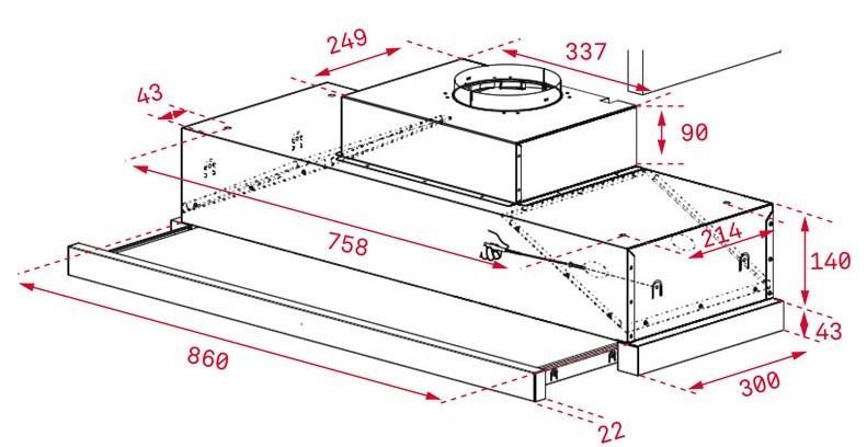 Bản vẽ kích thước máy hút mùi âm tủ Teka CNL9610 rộng 900mm
