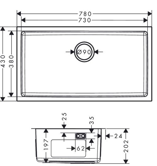 Bản vẽ chậu bếp Hansgrohe 43454807 một hộc