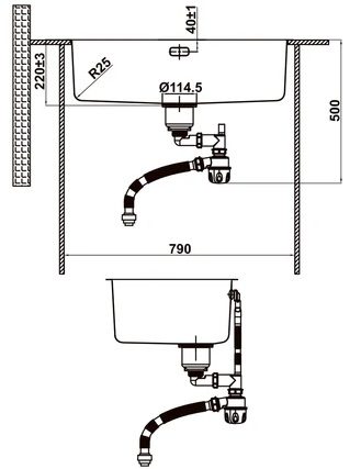 Bản vẽ chậu bếp R25 HS25-SSN1S-760 Hafele 1 hộc