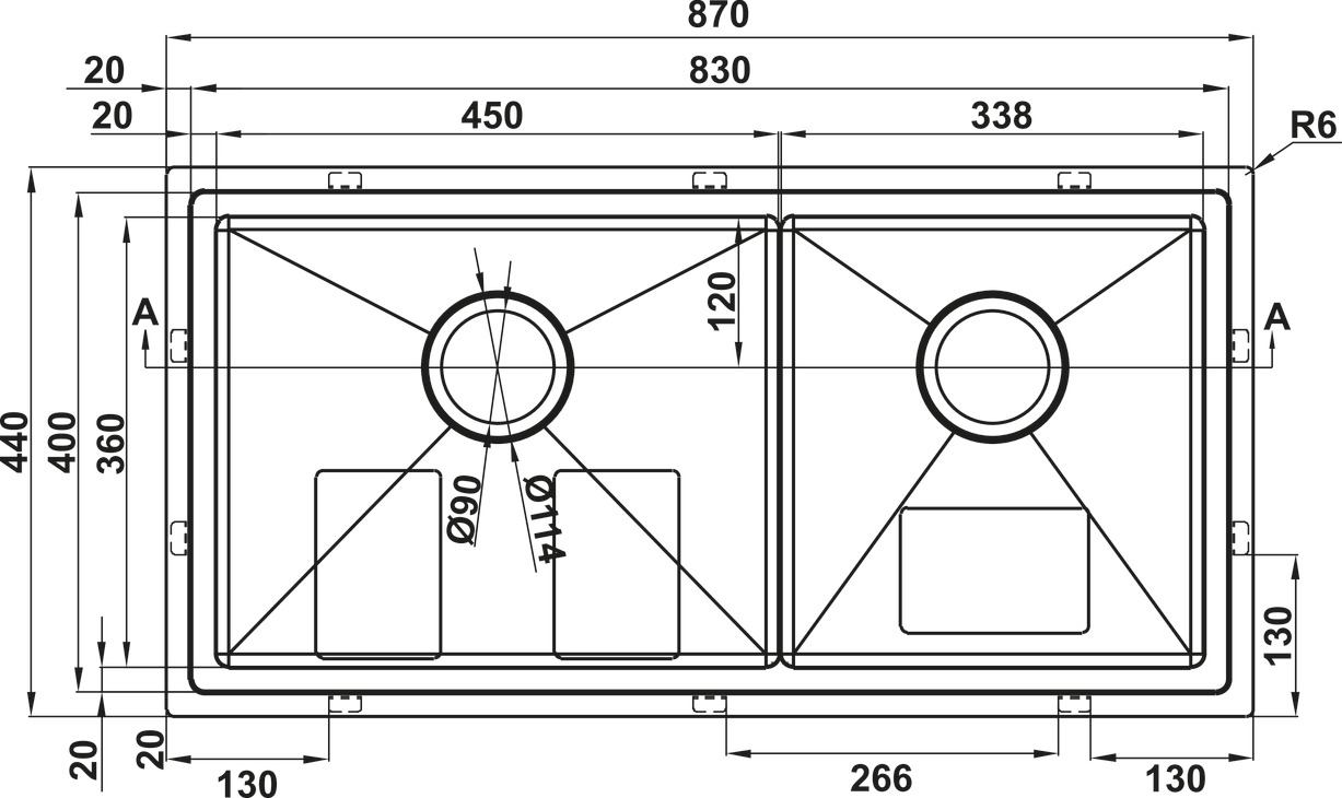 Bản vẽ chậu inox Hafele 567.94.022 HS25-SSN2S-8744 2 hộc