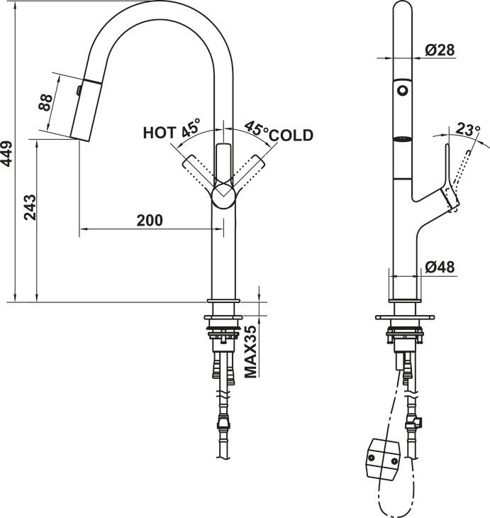 Bản vẽ vòi bếp Hafele 570.85.043 nóng lạnh 