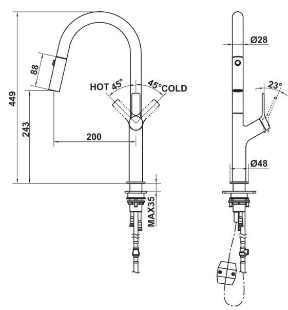 Bản vẽ vòi bếp Hafele 570.85.044 nóng lạnh
