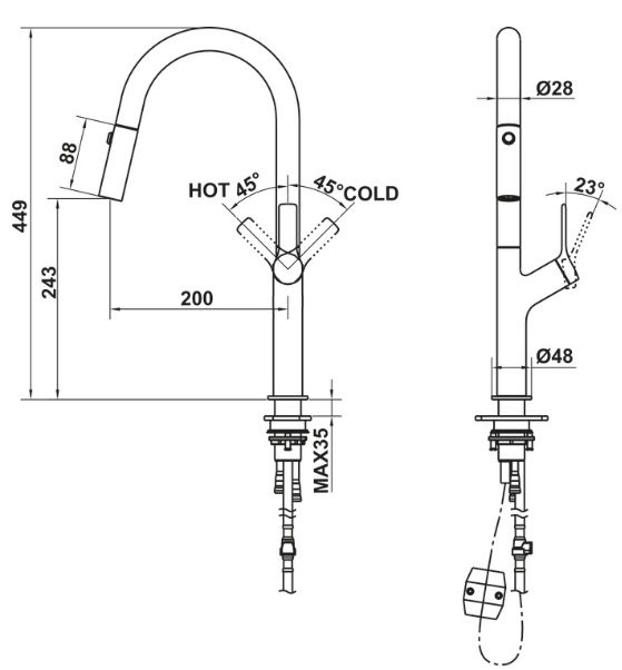 Bản vẽ vòi bếp Hafele 570.85.045 nóng lạnh 