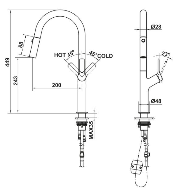 Bản vẽ vòi bếp Hafele 570.85.046 nóng lạnh 