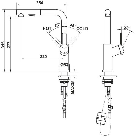 Bản vẽ vòi bếp Hafele 570.85.048 nóng lạnh rút dây