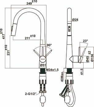 Bản vẽ vòi bếp Hafele 570.85.041 nóng lạnh rút dây