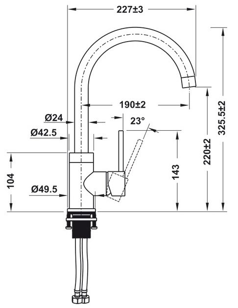 Bản vẽ kích thước vòi rửa bát Hafele 577.56.500 màu xám