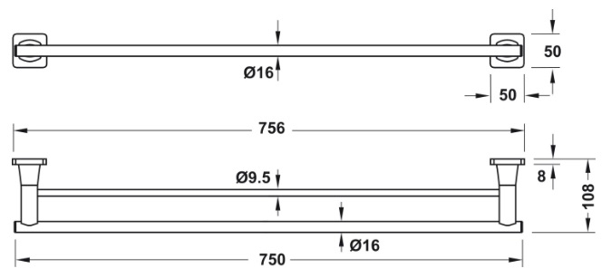Bản vẽ thanh treo khăn Hafele 580.41.512 màu đen