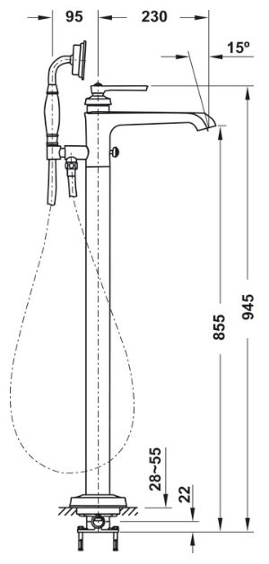 Bản vẽ vòi sen xả bồn Hafele 495.61.177 màu đồng cổ