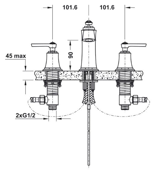 Bản vẽ vòi chậu Hafele 589.35.062 Kyoto 3 lỗ
