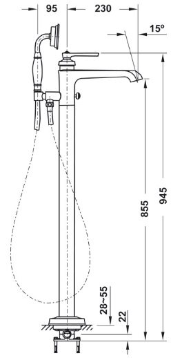 Bản vẽ vòi sen đặt sàn Hafele 589.35.063 Kyoto