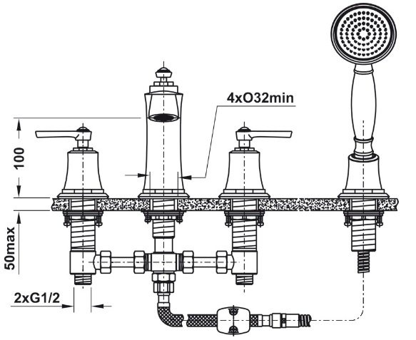 Bản vẽ vòi xả bồn Hafele 589.35.064 Kyoto 4 lỗ