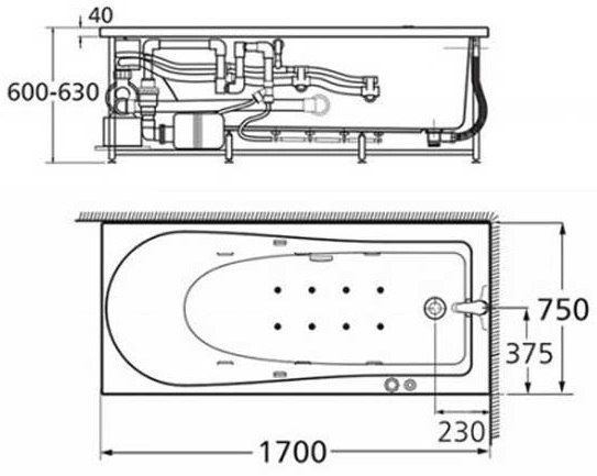 Bản vẽ kích thước bồn tắm 70092WT American 1.7m