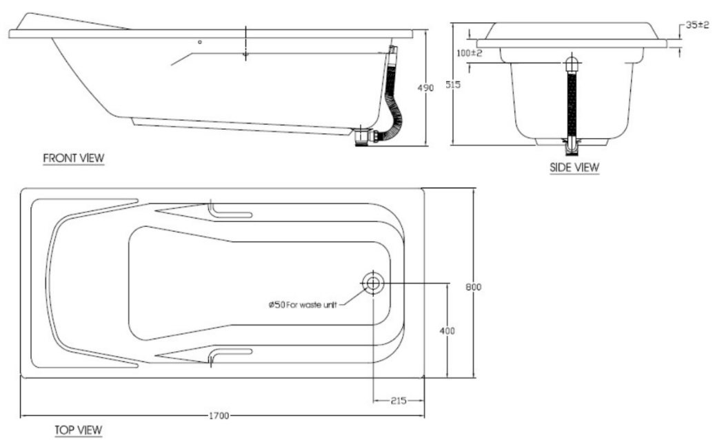 Bản vẽ kích thước bồn tắm xây American 7120-WT 1.7 mét