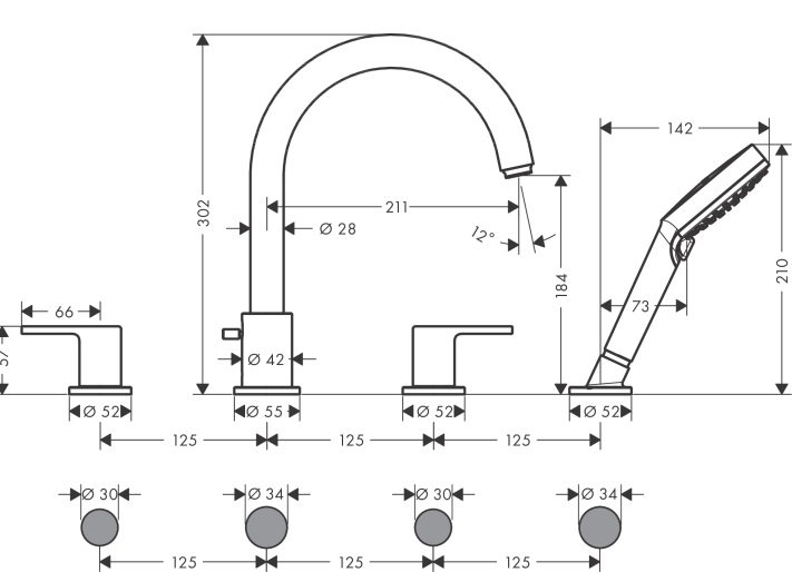 Bản vẽ vòi xả bồn Hansgrohe 71451007 4 lỗ