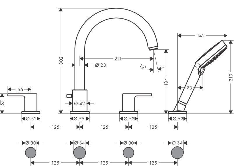 Bản vẽ vòi xả bồn Hansgrohe 71451677 4 lỗ