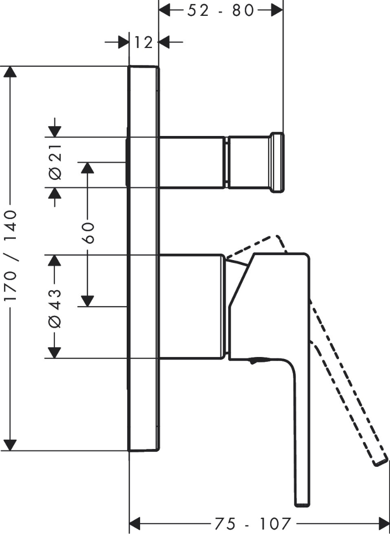 Bản vẽ bộ trộn Hansgrohe 2 đường nước 71455007 âm tường