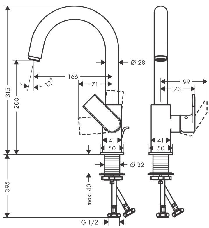 Bản vẽ vòi rửa chén nóng lạnh Hansgrohe 71564007