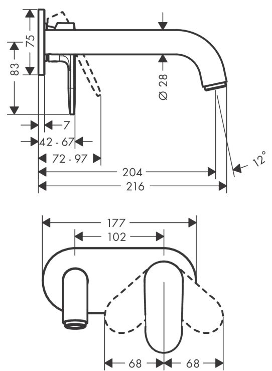 Bản vẽ vòi lavabo Hansgrohe gắn tường nóng lạnh 71576007