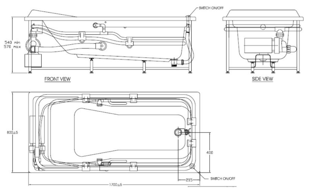 Bản vẽ kích thước bồn tắm American 7220100-WT Massage 1.7 mét