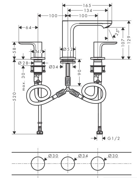 Bản vẽ vòi lavabo Hansgrohe 3 lỗ nóng lạnh 72530007 