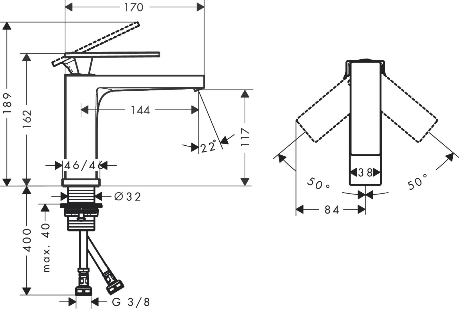 Bản vẽ vòi lavabo Hansgrohe 73011000 nóng lạnh