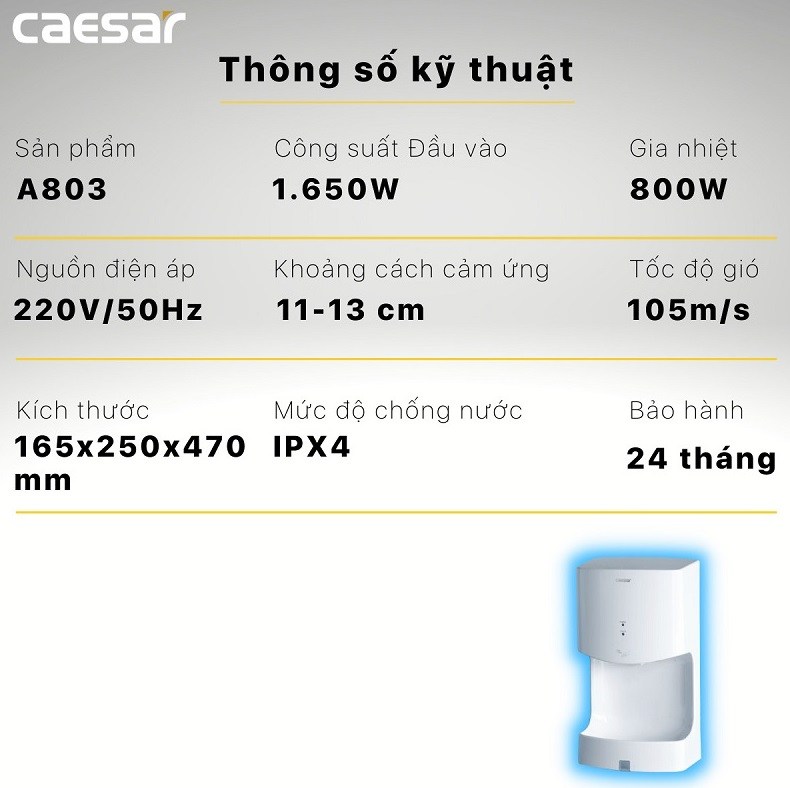 Thông số máy sấy khô tay Caesar A 803