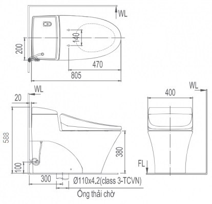 Bản vẽ bệ xí bệt Inax 1017 xả gạt tay nắp rửa cơ