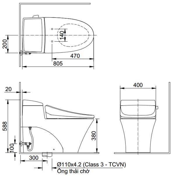 Bản vẽ bồn cầu Inax AC-1017VRN - Xí bệt bàn cầu vệ sinh 1 khối