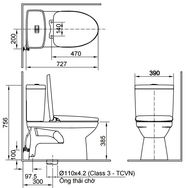 Bản vẽ bệ xí bệt Inax 504 xả nhấn nắp êm