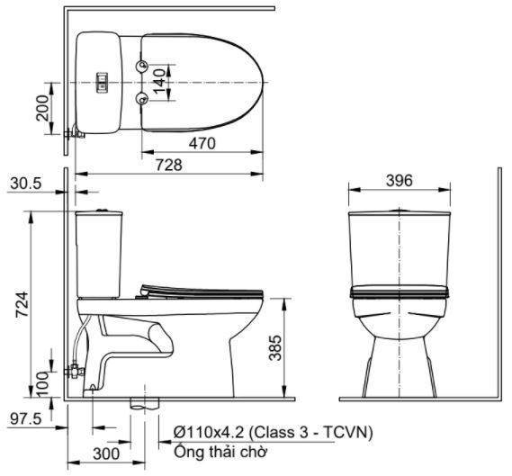 Bản vẽ bồn cầu INAX AC-514A/CW-H17VN