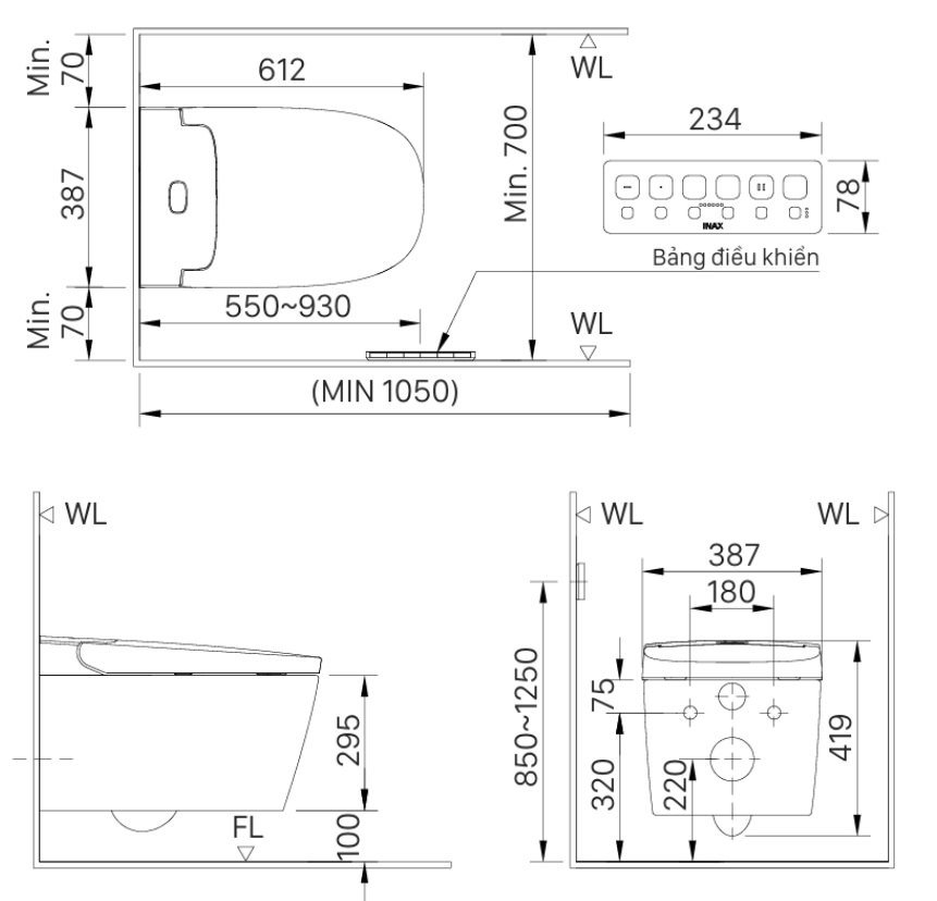 Bản vẽ kích thước bồn cầu Inax AC-821VN