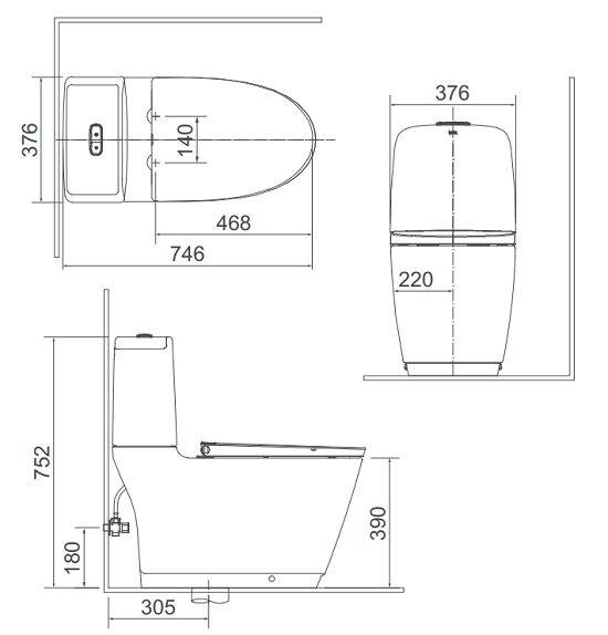 Bản vẽ kích thước bồn cầu điện tử Inax AC-832 CW-H17VN