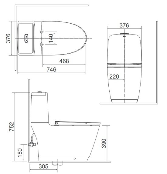 Bản vẽ kích thước bồn cầu điện tử Inax AC-832 CW-H18VN