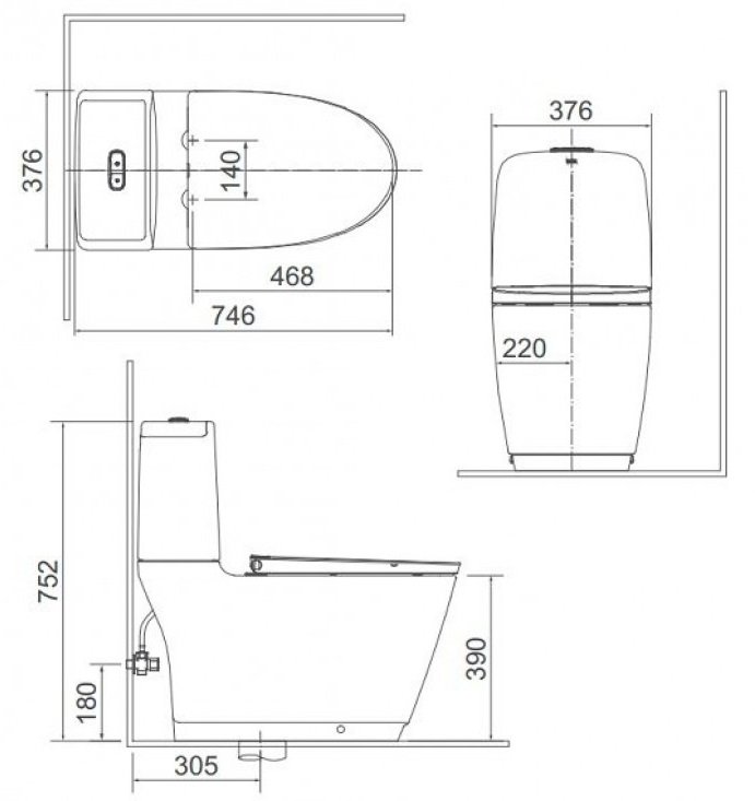 Bản vẽ kích thước bồn cầu điện tử Inax AC-832 CW-H20VN