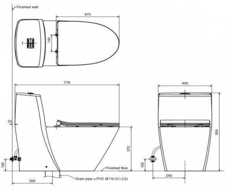 Bản vẽ kích thước bàn cầu INAX AC919R nắp CWH20VN