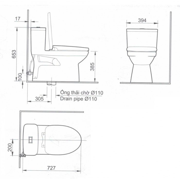 Bản vẽ kích thước bàn cầu INAX AC969 nắp CWH20VN