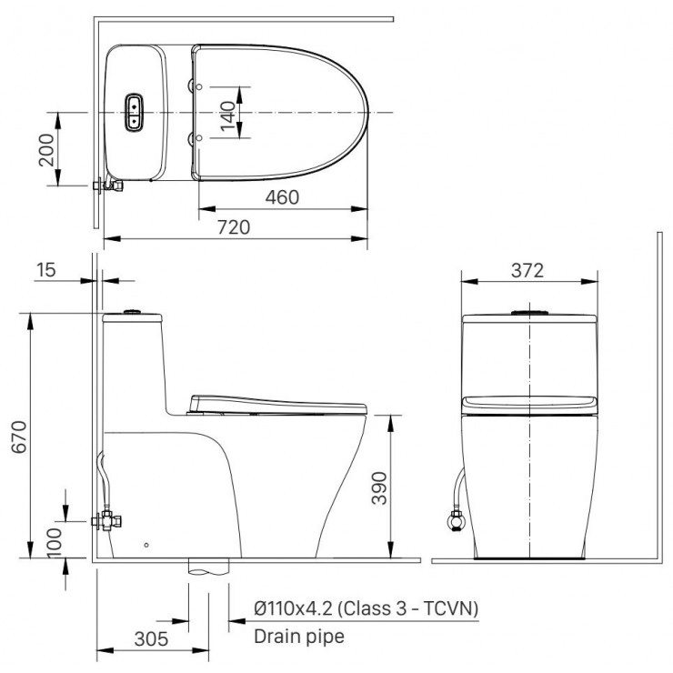 Bản vẽ kích thước bàn cầu INAX AC989 nắp CWH18VN