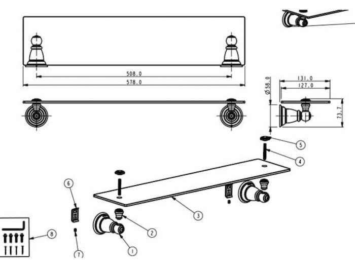 Bản vẽ kích thước kệ kính ACC 1508SRN MOEN
