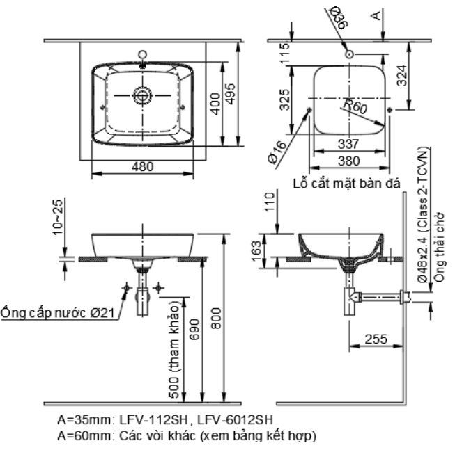 Bản vẽ kích thước lavabo đặt bàn INAX AL369V