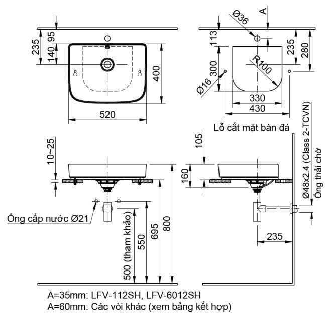 Bản vẽ kích thước lavabo INAX đặt bàn AL638V
