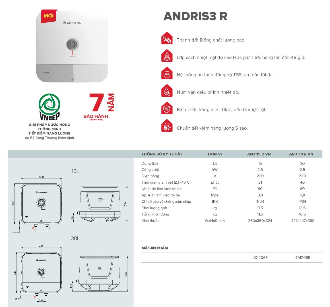 Bản vẽ kích thước máy nước nóng Ariston Andris 3 R 30 L