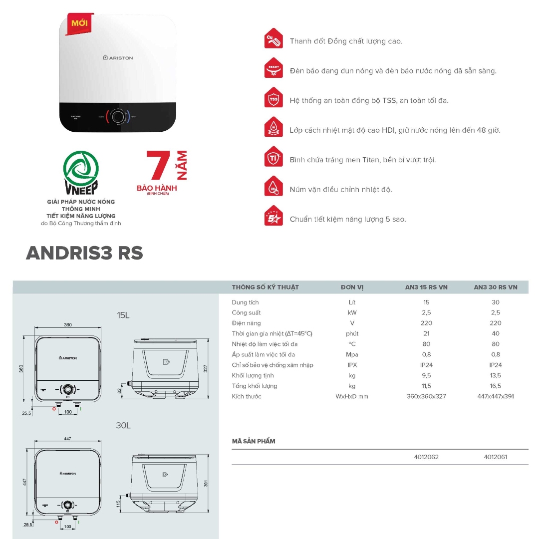 Bản vẽ kích thước máy nước nóng Ariston Andris3 15 RS