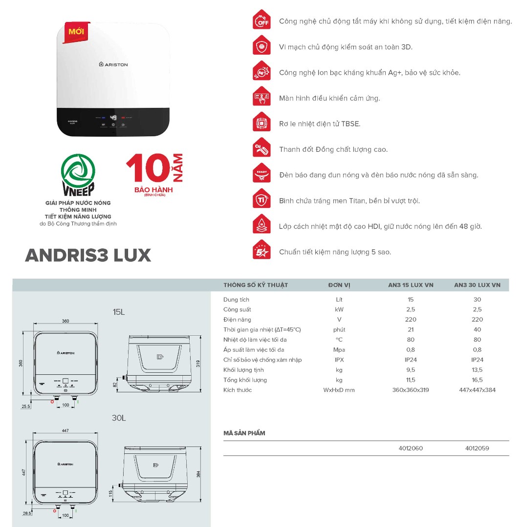 Bản vẽ kích thước máy nước nóng Ariston Andris3 Lux 30 lít vuông